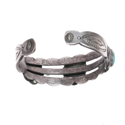 6" 30's-40's Intricately stamped Navajo silver cuff bracelet w/3 turquoise - Estate Fresh Austin