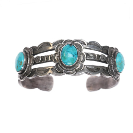 6" 30's-40's Intricately stamped Navajo silver cuff bracelet w/3 turquoise - Estate Fresh Austin