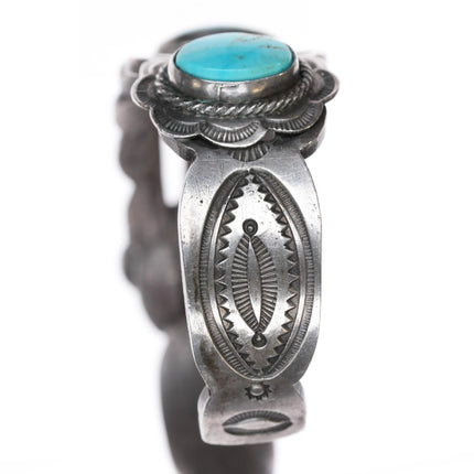 6" 30's-40's Intricately stamped Navajo silver cuff bracelet w/3 turquoise - Estate Fresh Austin