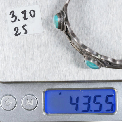 6" 30's-40's Intricately stamped Navajo silver cuff bracelet w/3 turquoise - Estate Fresh Austin