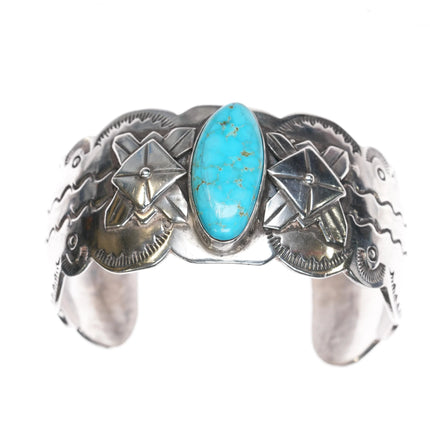7" M Guerro Navajo silver and turquoise heavy cuff bracelet - Estate Fresh Austin