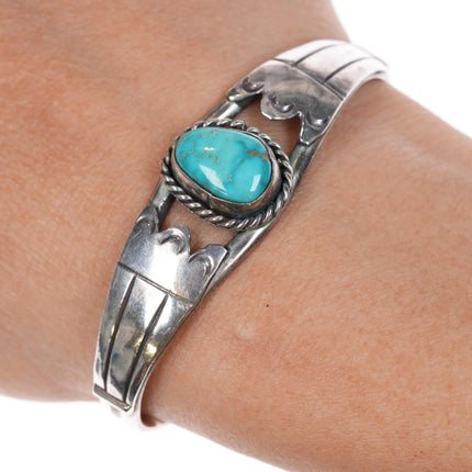 6" 60's-70's Navajo silver cuff bracelet w/turquoise - Estate Fresh Austin