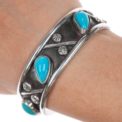 6.12" c1970's TC Navajo silver/turquoise modernist cuff bracelet - Estate Fresh Austin