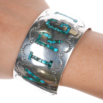 6.625" 1970's E.L. Navajo Sterling chip inlay Virginia cuff bracelet - Estate Fresh Austin