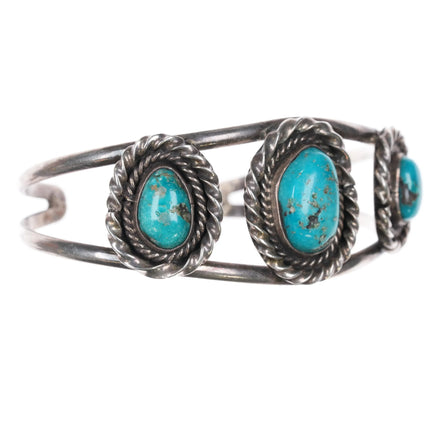 7.25" Vintage Navajo sterling silver twisted wire bezel turquoise cuff bracelet - Estate Fresh Austin