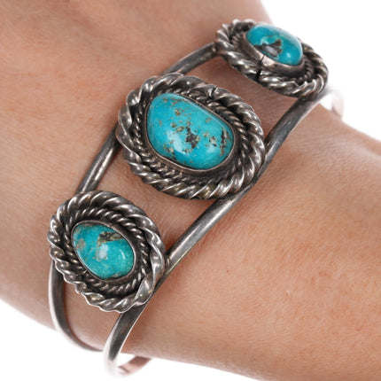 7.25" Vintage Navajo sterling silver twisted wire bezel turquoise cuff bracelet - Estate Fresh Austin