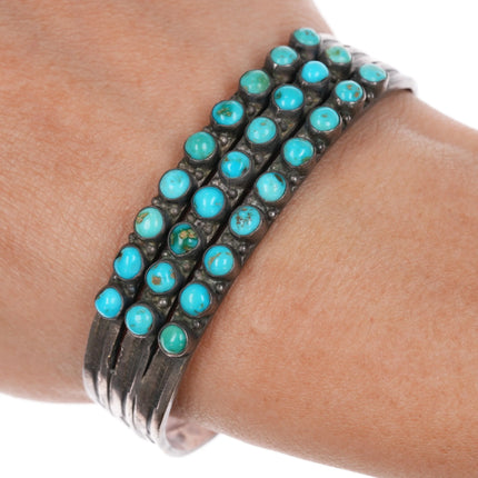 6 3/8" c1930's Zuni 3 Row snake eye turquoise arrow stamped silver cuff bracelet - Estate Fresh Austin