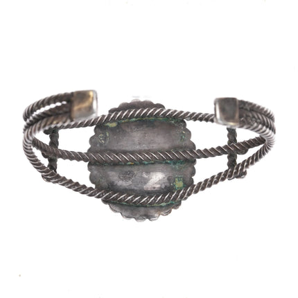 6 3/8" c1940's Navajo twisted sterling silver wire nice turquoise cuff bracelet - Estate Fresh Austin