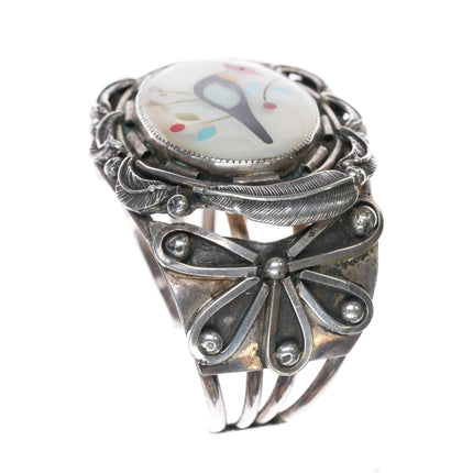 6.75" vintage Zuni heavy sterling silver MOP Inlay bird cuff bracelet - Estate Fresh Austin
