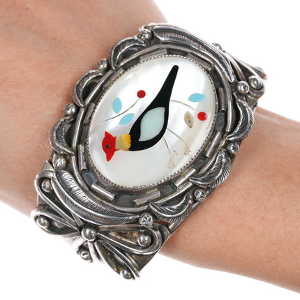 6.75" vintage Zuni heavy sterling silver MOP Inlay bird cuff bracelet - Estate Fresh Austin