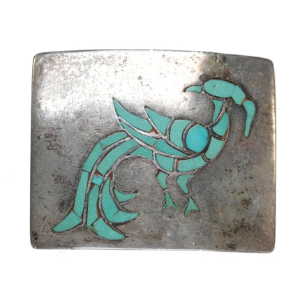 c1950's Zuni sterling silver peacock inlaid turquoise belt buckle - Estate Fresh Austin