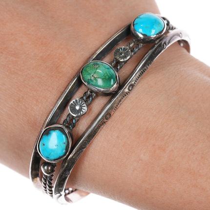 7" c1940's Navajo 3 stone turquoise silver cuff bracelet - Estate Fresh Austin