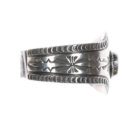 6.75" Vintage Navajo heavily stamped silver cuff bracelet w/turquoise Bisbee? - Estate Fresh Austin