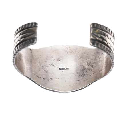 6.75" Vintage Navajo heavily stamped silver cuff bracelet w/turquoise Bisbee? - Estate Fresh Austin