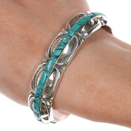6.75" Shreve Saville Sterling spiderweb turquoise inlay cuff bracelet - Estate Fresh Austin