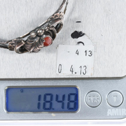 6.3" 60's-70's Navajo sterling silver coral cuff bracelet with nice stampings - Estate Fresh Austin