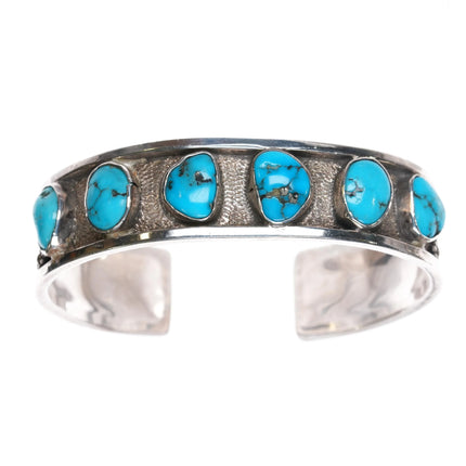 6.5" Unusual Vintage Sterling silver turquoise row cuff bracelet - Estate Fresh Austin
