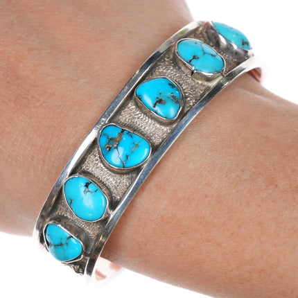 6.5" Unusual Vintage Sterling silver turquoise row cuff bracelet - Estate Fresh Austin