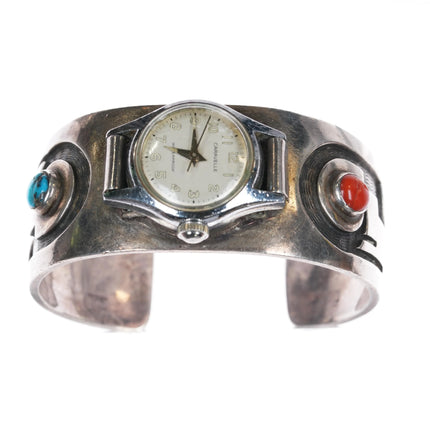 6.25" Tony Kyasyousie Hopi Overlay turquoise/coral watch cuff bracelet sterling - Estate Fresh Austin