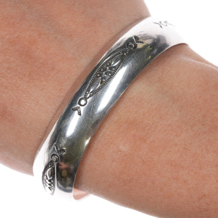 6.375" Navajo silver convex cuff bracelet with hand stampings - Estate Fresh Austin