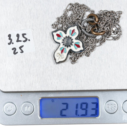 Retired James Avery Enamel Cruz De La Flor Cross pendant 30" necklace sterling - Estate Fresh Austin