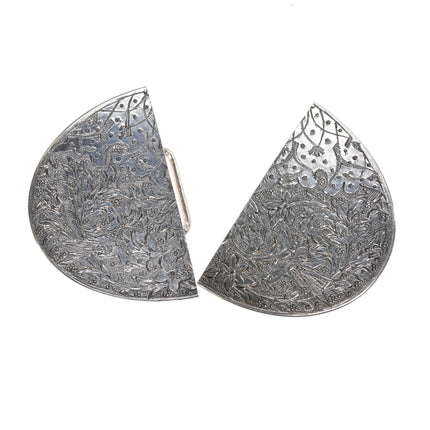 Antique Hand engraved sterling silver 2 part belt buckle - Estate Fresh Austin