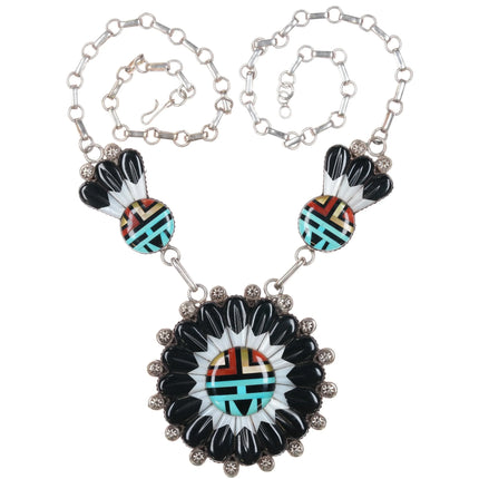 Andrew Dewa Zuni sterling silver carved inlaid Sunface necklace - Estate Fresh Austin