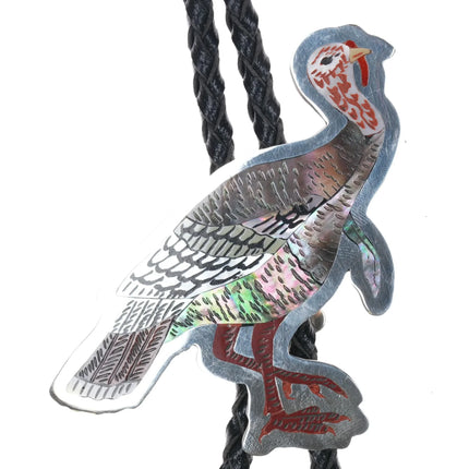 Dale Edaakie Zuni Sterling silver carved inlay wild turkey bolo tie - Estate Fresh Austin