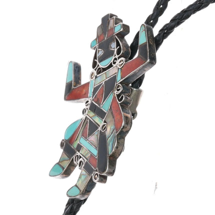 c1970 Zuni Sterling silver Multi-stone channel inlay Rainbow Man bolo tie - Estate Fresh Austin