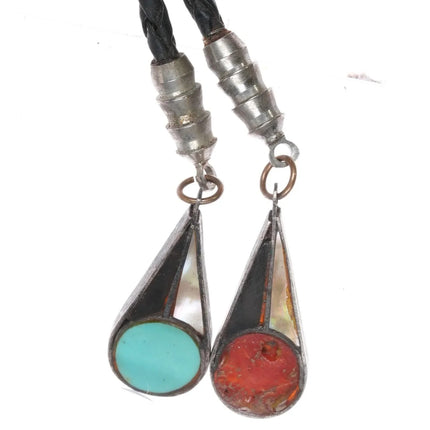 c1970 Zuni Sterling silver Multi-stone channel inlay Rainbow Man bolo tie - Estate Fresh Austin