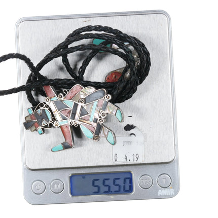 c1970 Zuni Sterling silver Multi-stone channel inlay Rainbow Man bolo tie - Estate Fresh Austin
