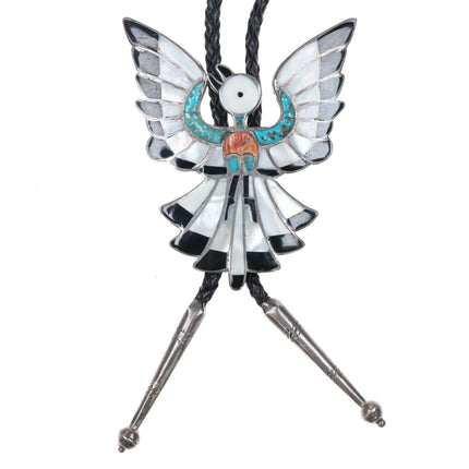 c1960 c-31 Dixon Shebola (Zuni, 1937-1976) sterling inlaid Phoenix bird bolo tie - Estate Fresh Austin
