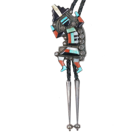 c1960 c-31 Zuni Rainbow Man Inlay intricately stamped sterling silver bolo tie - Estate Fresh Austin
