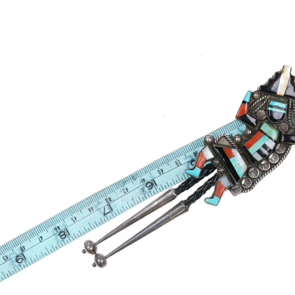c1960 c-31 Zuni Rainbow Man Inlay intricately stamped sterling silver bolo tie - Estate Fresh Austin