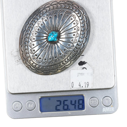 MJ Navajo sterling silver and turquoise heavily stamped belt buckle - Estate Fresh Austin