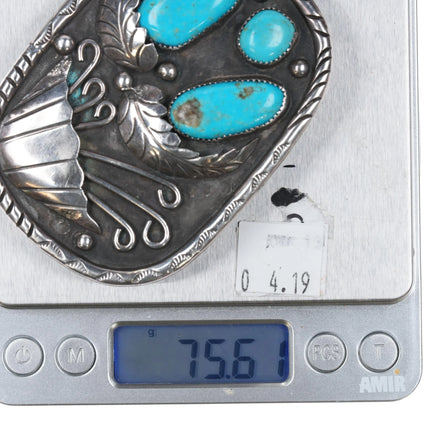 Navajo sterling silver vintage belt buckle w/ turquoise blossom design - Estate Fresh Austin