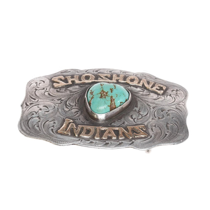 c1950's Sterling/14k gold turquoise Shoshone Indians hand engraved belt buckle - Estate Fresh Austin