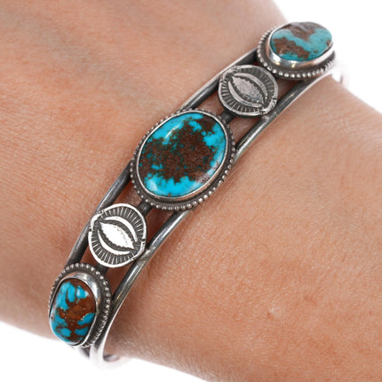 7" 30's-40's Navajo sterling silver Royston Turquoise 3 stone cuff bracelet - Estate Fresh Austin