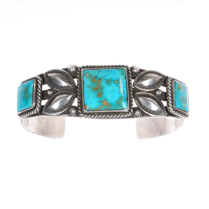 7" 30's-40's Navajo sterling silver Blue Gem Turquoise 3 stone cuff bracelet - Estate Fresh Austin