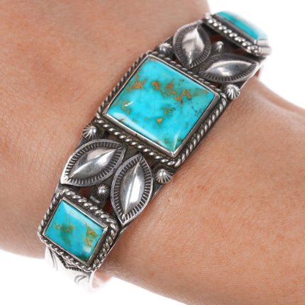 7" 30's-40's Navajo sterling silver Blue Gem Turquoise 3 stone cuff bracelet - Estate Fresh Austin