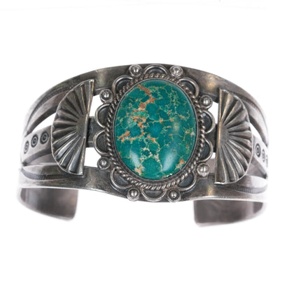 7" 30's-40's Navajo sterling silver green turquoise wide band cuff bracelet - Estate Fresh Austin