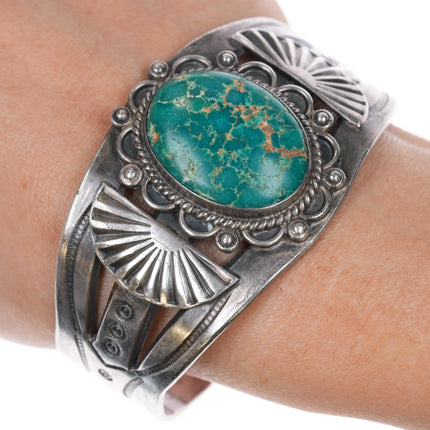 7" 30's-40's Navajo sterling silver green turquoise wide band cuff bracelet - Estate Fresh Austin