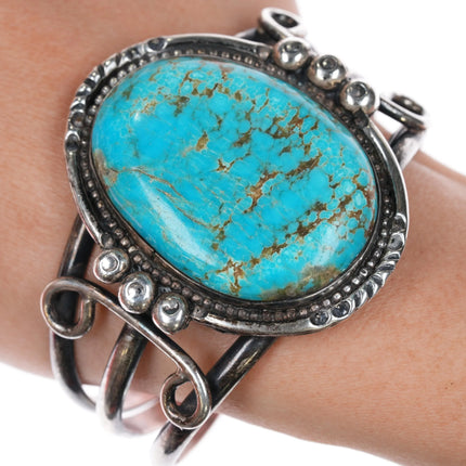 6.75" Vintage Navajo silver cuff bracelet w/large turquoise - Estate Fresh Austin