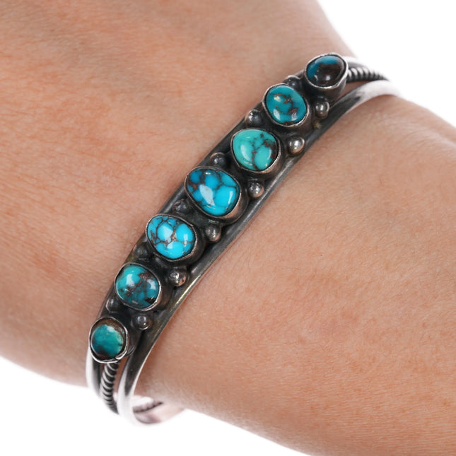 6.5" c1950's Bisbee Turquoise Navajo silver row cuff bracelet - Estate Fresh Austin