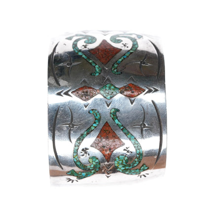 7.25" Vintage E Navajo silver chip inlay wide band cuff bracelet - Estate Fresh Austin