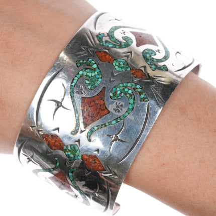 7.25" Vintage E Navajo silver chip inlay wide band cuff bracelet - Estate Fresh Austin