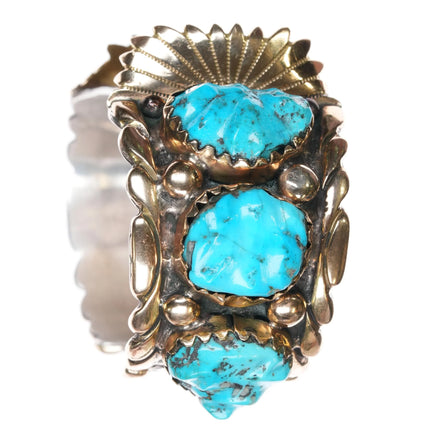 7.2" 14k/Sterling Robert and Bernice Leekya watch cuff bracelet carved turquoise - Estate Fresh Austin