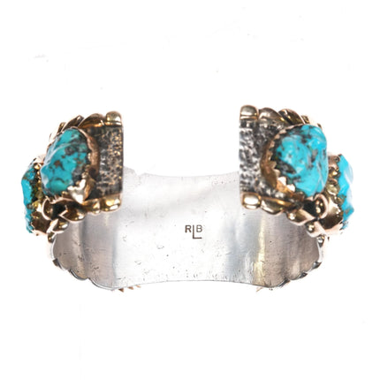 7.2" 14k/Sterling Robert and Bernice Leekya watch cuff bracelet carved turquoise - Estate Fresh Austin