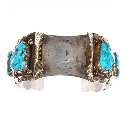 7.2" 14k/Sterling Robert and Bernice Leekya watch cuff bracelet carved turquoise - Estate Fresh Austin