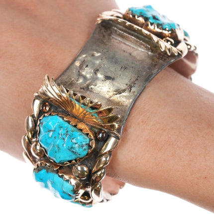 7.2" 14k/Sterling Robert and Bernice Leekya watch cuff bracelet carved turquoise - Estate Fresh Austin